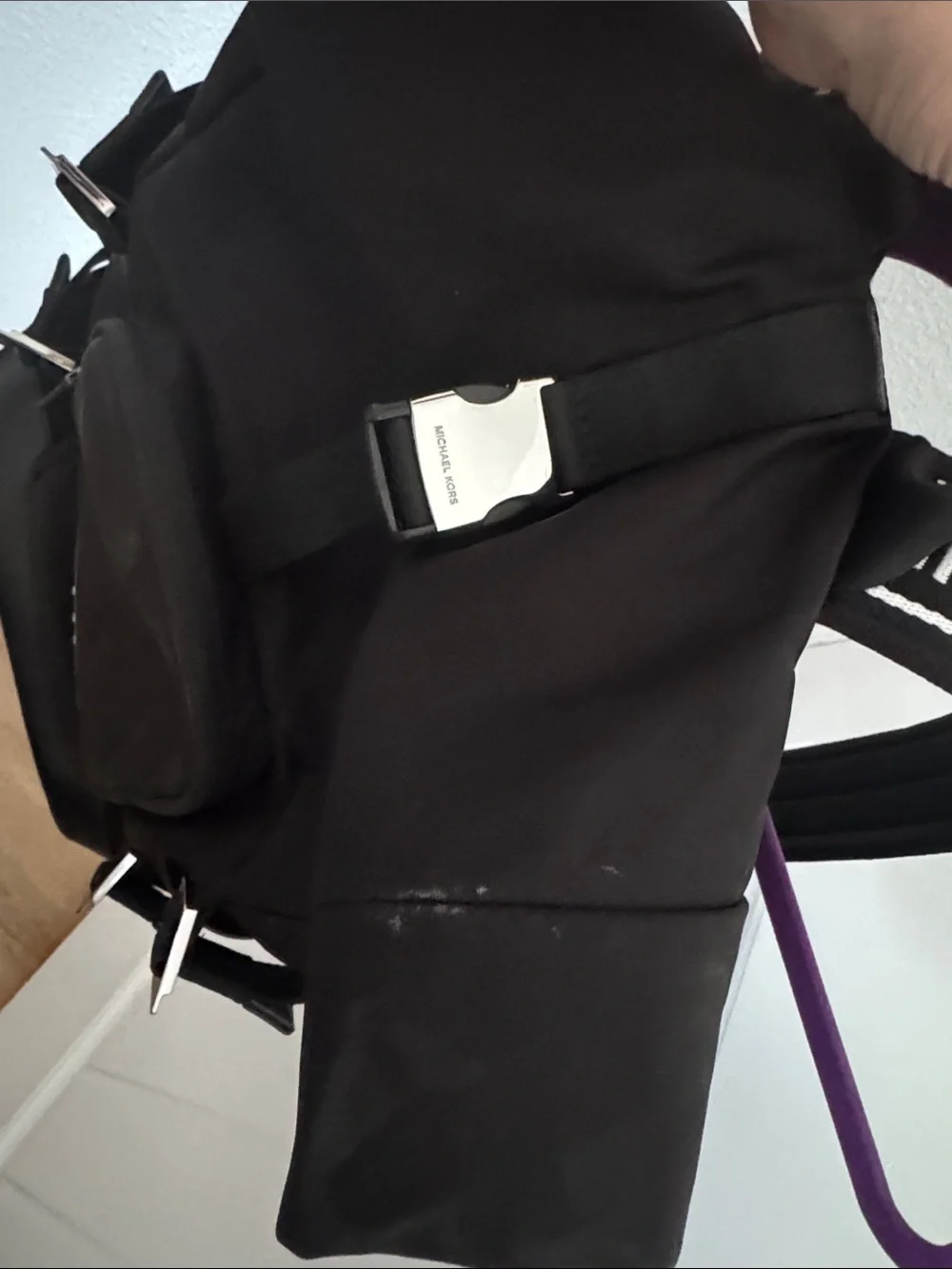 Michael Kors Black Roll-Top Nylon Backpack with Leather Trim